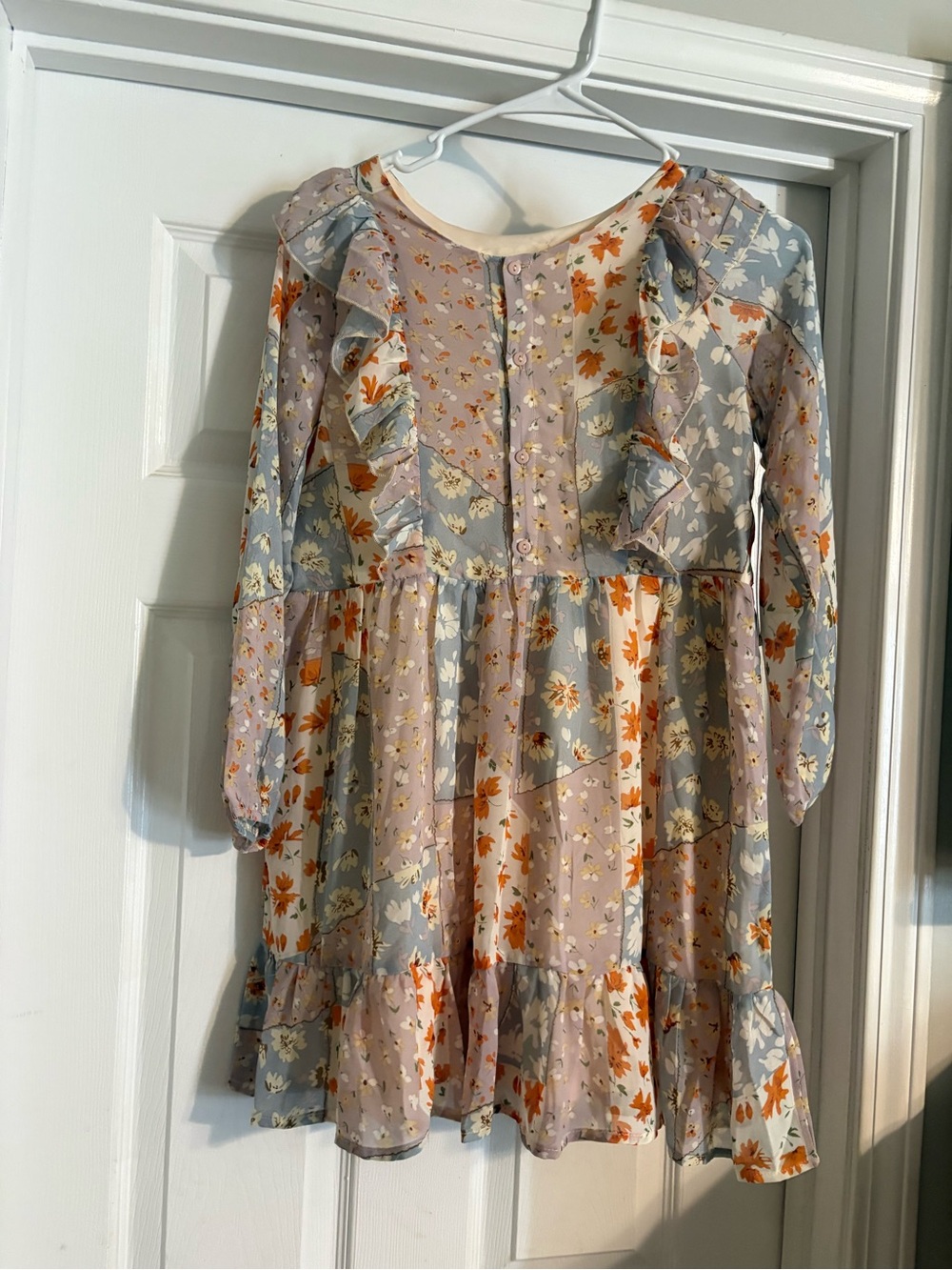 Girls' Floral Patchwork Ruffle Dress in Cream, Light Blue & Orange